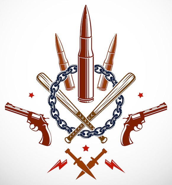 revolution and war vector emblem with bullets and guns, logo or tattoo with lots of different design elements, riot partisan warrior, criminal and anarchist style, social tension theme.