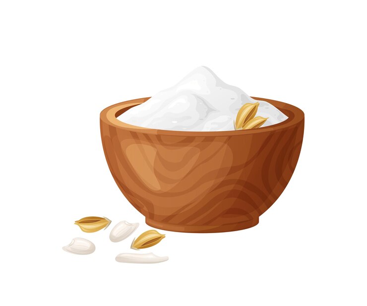 Vector rice flour in wooden bowl with seeds healthy gluten free food po7owed in organic product vector