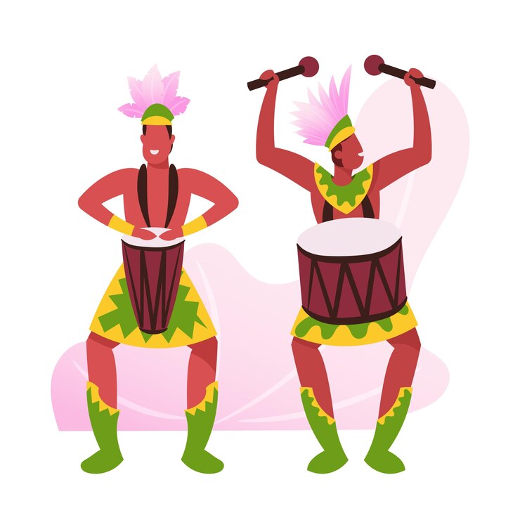 Vector rio carnival musicians in feather clothing on white background. cartoon flat illustration