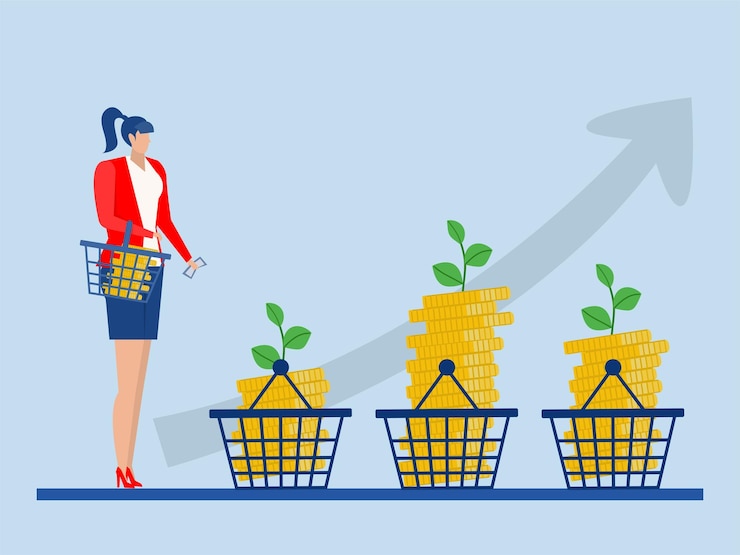 Vector risk management strategy businesswoman manage investment in basket for risk finance balance