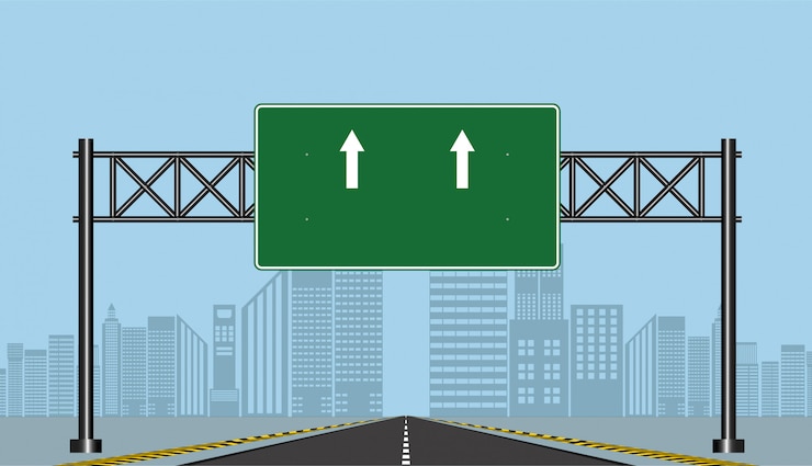 Vector road highway signs, green board on road