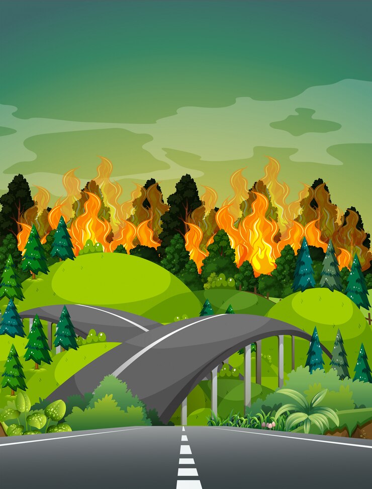 Vector road near wildfire forest