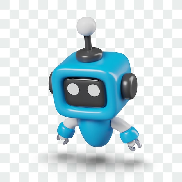 Robot 3D kecil dalam posisi miring Asisten mini sedang melihat sesuatu dan mencari