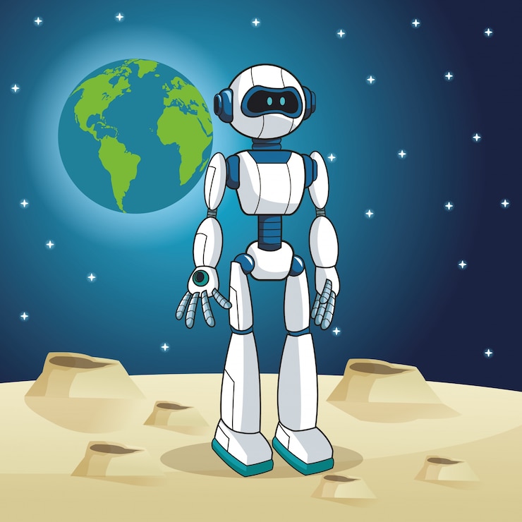 Vector robot android earth space moon 