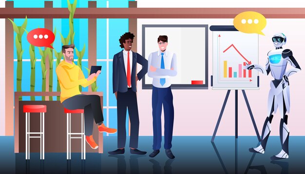 Robot dengan pebisnis menganalisis data statistik keuangan pada flip chart konsep teknologi kecerdasan buatan interior kantor horizontal panjang penuh
