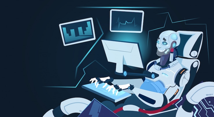 Vector robot modern bekerja pada komputer, teknologi mekanisme kecerdasan buatan futuristik