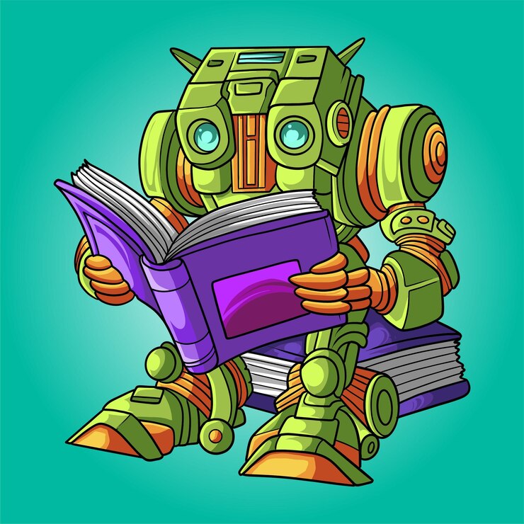 Vector robot reading book sitting on stack book