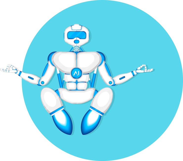 Vector robot terbang modern bermeditasi dalam posisi yoga