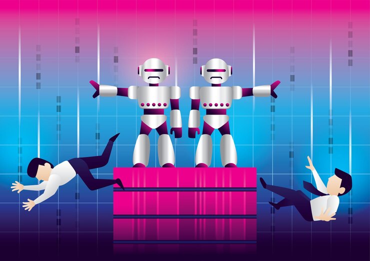 Vector robots push human fall down illustration vector