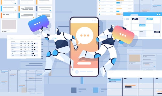 robots with chat bubbles using online mobile chatting app online communication