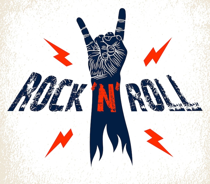 Vector rock hand sign with lightning bolts, hot music rock and roll gesture, hard rock festival concert or club, vector label emblem or logo, musical instruments shop or recording studio.
