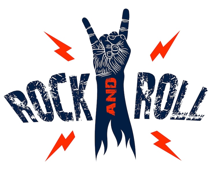 Vector rock hand sign with lightning bolts, hot music rock and roll gesture, hard rock festival concert or club, vector label emblem or logo, musical instruments shop or recording studio.