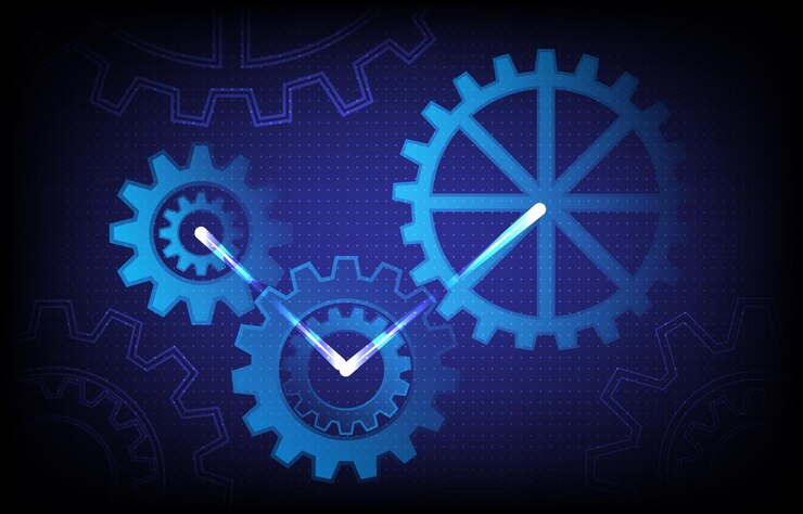 Roda gigi dan mekanisme roda gigi Teknologi digital berteknologi tinggi dan rekayasa Latar belakang teknis abstrak Roda gigi dan titik biru geometris Vektor roda gigi konsep industri mekanisme futuristik