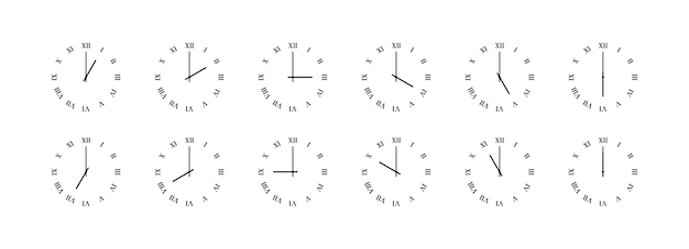 Roman numerals clock set with different times from 1 to 12 oclock. Vector EPS 10