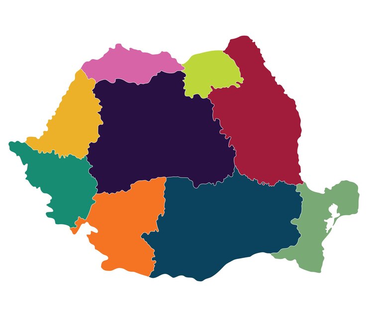 Vector romania map map of romania in nine mains regions in multicolor