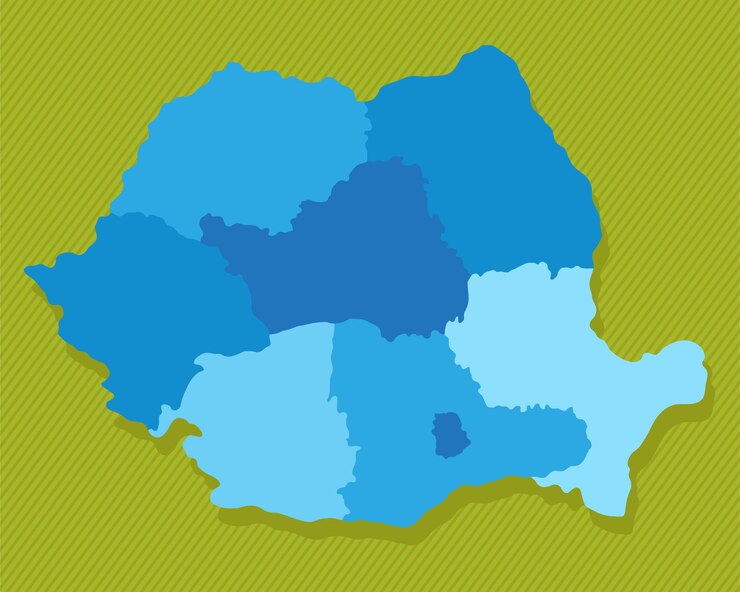 Vector romania map with regions blue political map green background vector illustration