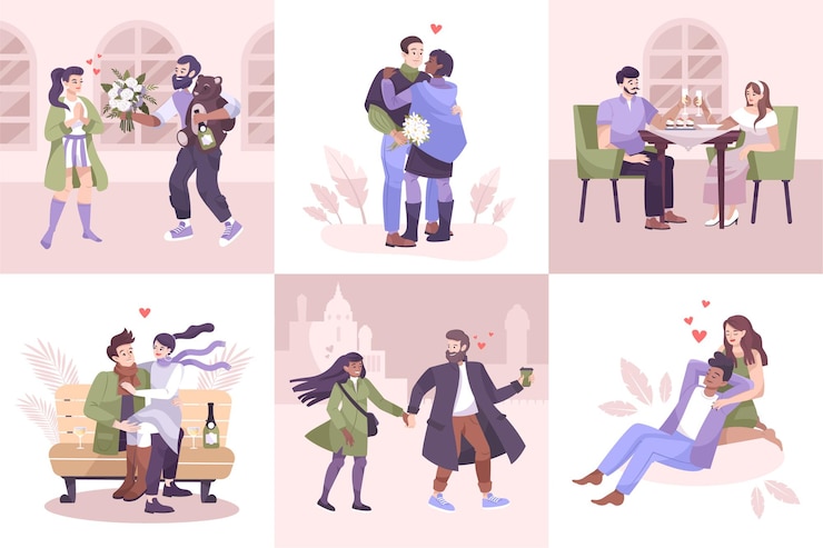 Vector romantic couples compostions set