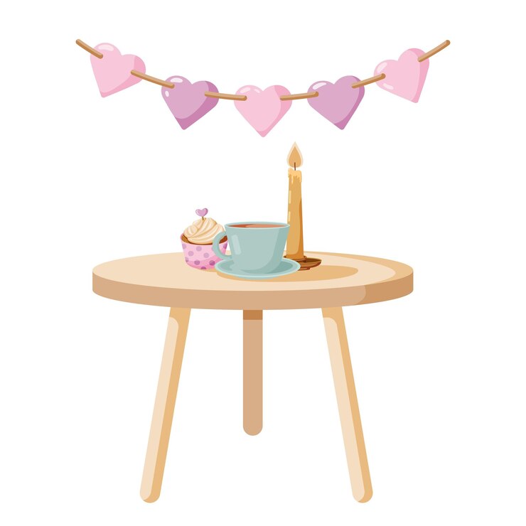 Romantic dinner with cupcake cup of tea and candle Flat vector illustration white background