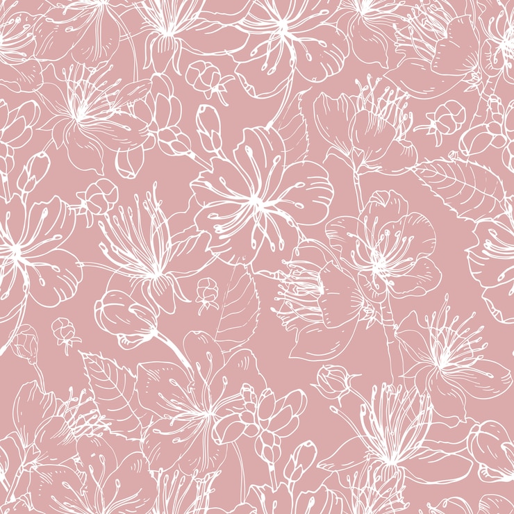 Romantic natural seamless pattern with beautiful blooming flowers of Japanese sakura hand drawn with white lines on pink background.
