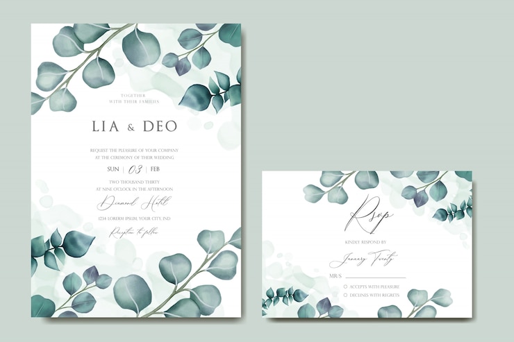 Vector romantic wedding invitation with eucalyptus leaves frame