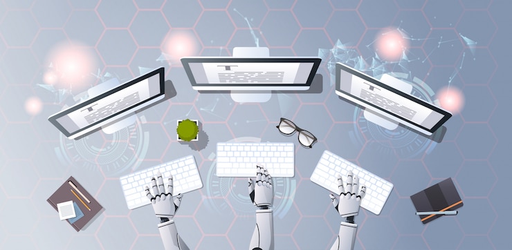 Vector roobot copywriter writing article typing text document