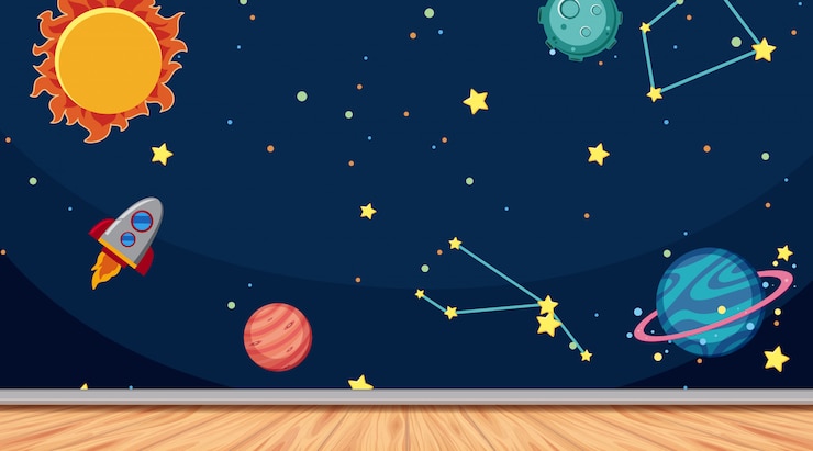 Vector room with space wallpaper and wooden floor