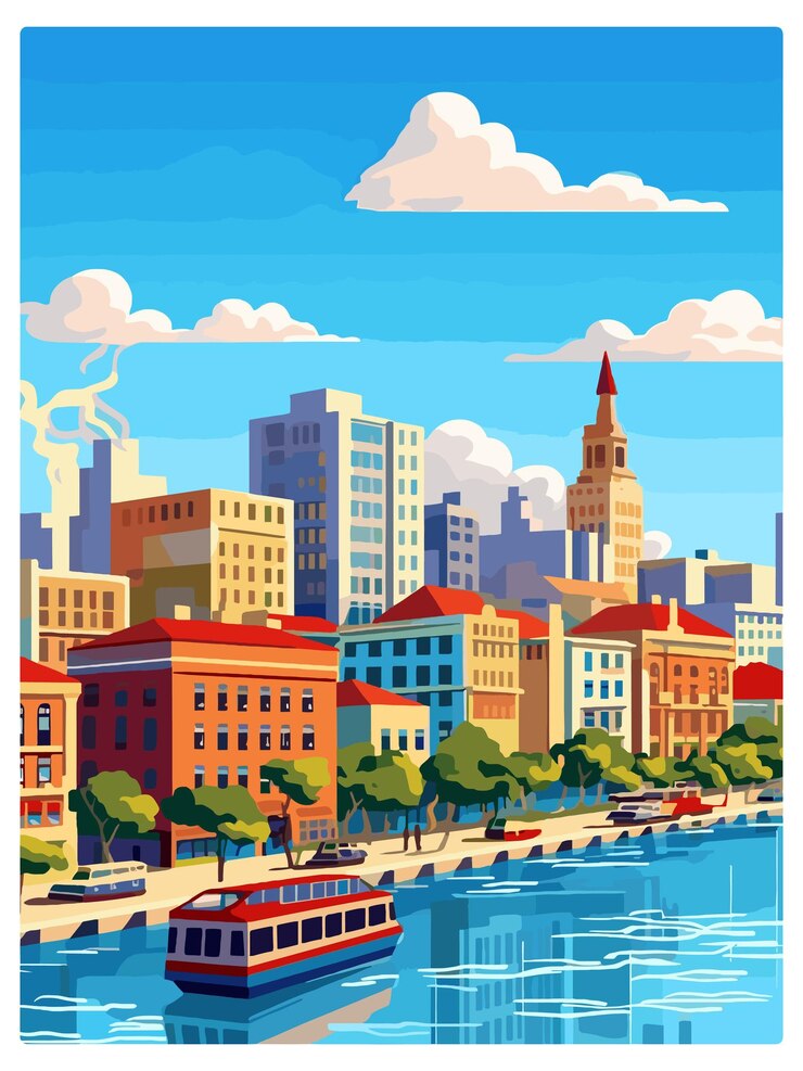 Vector rosario argentina vintage travel poster souvenir postcard portrait painting wpa illustration