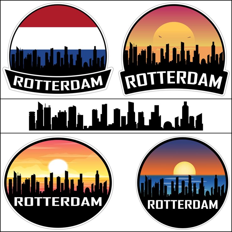 Vector rotterdam skyline netherlands flag cityscape silhouette travel souvenir sticker sunset vector