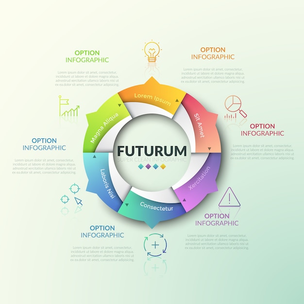 Round chart divided into 6 equal sectors with arrows pointing at thin line signs and text boxes. Circular menu for web or mobile application.