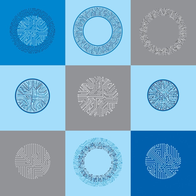 round circuit boards with electronic components of technology device. computer motherboards, cybernetic colorful vector abstractions with multidirectional arrows.