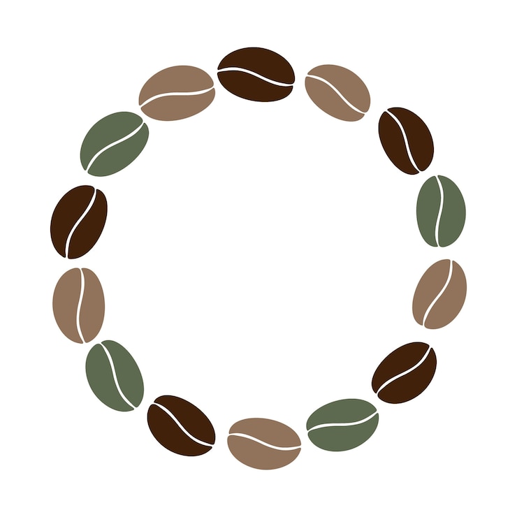 Round frame of multicolored coffee beans in trendy brown and green copy space lettering template