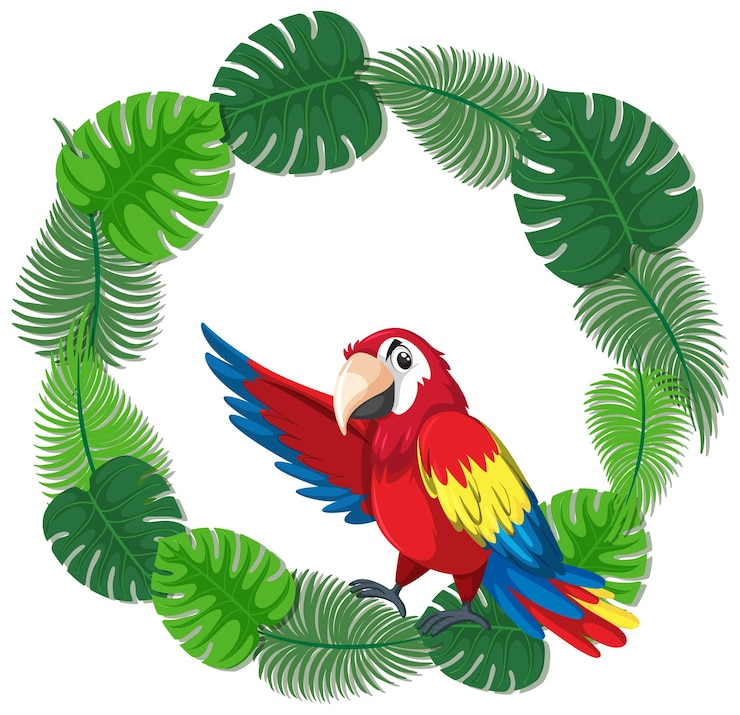 Vector round green leaves banner template with a parrot bird