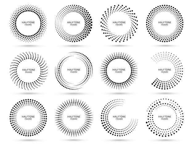 Round halftone frame. Dotted circle, vintage abstract dot halftones frames and random dots circles set.