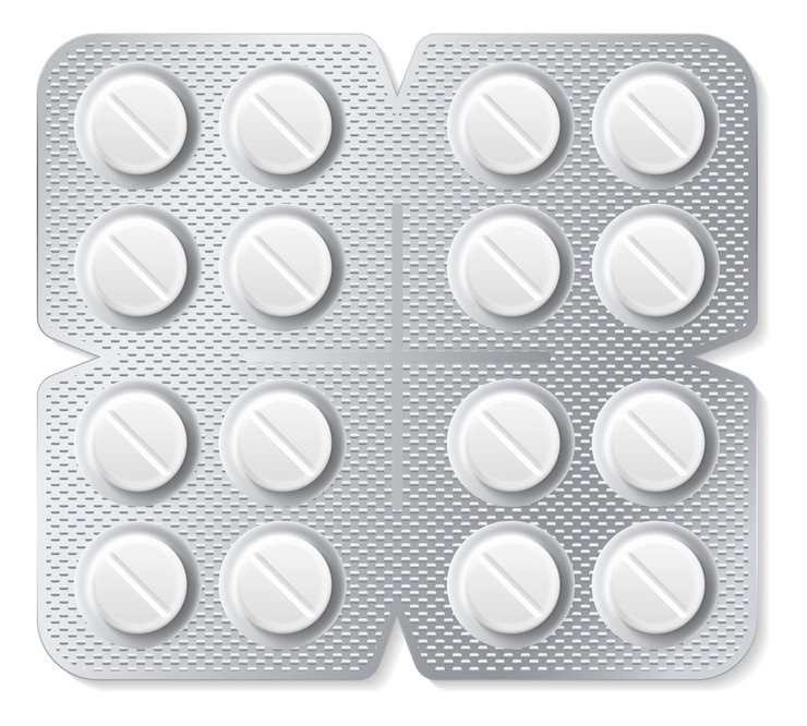 Vector round tablets blister realistic white drug mockup isolated on white background