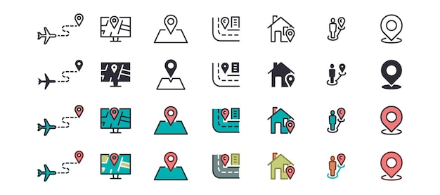 route web icons navigation location map pointer map gps vector in line style icons