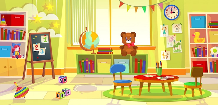 Vector ruang bermain anak-anak. ruang kelas bermain apartemen anak-anak taman kanak-kanak, ruang mainan belajar kelas prasekolah, meja, kursi