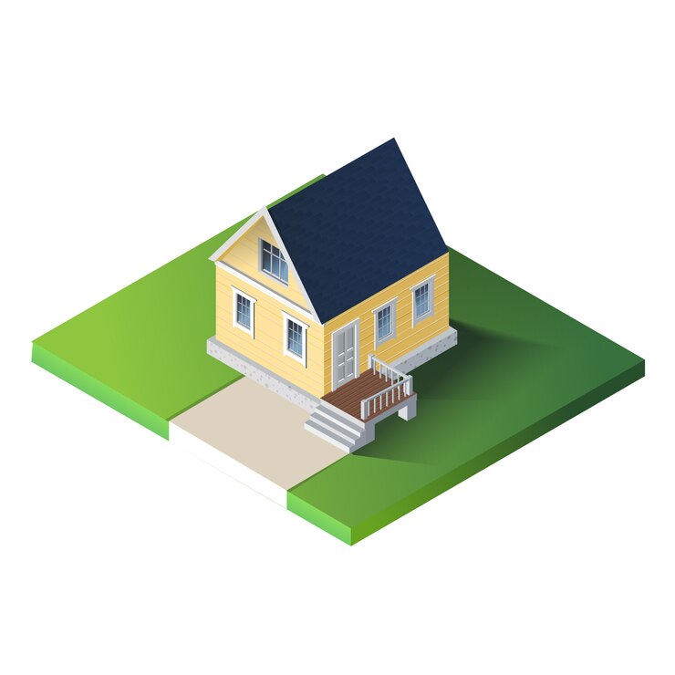 Vector rumah pedesaan isometrik di atas tanah hijau.