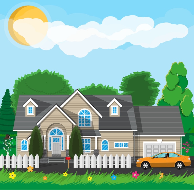 Vector rumah pinggiran kota pribadi dengan pagar