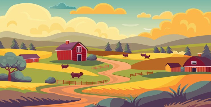 Rural landscape illustration for background Farmhouse and barns cows grazing through the fields