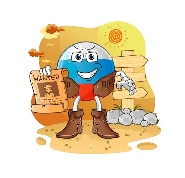 Russia flag cowboy with wanted paper. cartoon mascot vector