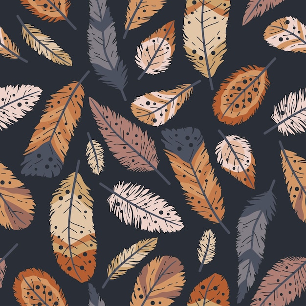 Rustic decorative tribal feathers Seamless pattern of animals feathers Decorative ethnic stylize feather ornamental indian aztec design colored boho hippie birds background