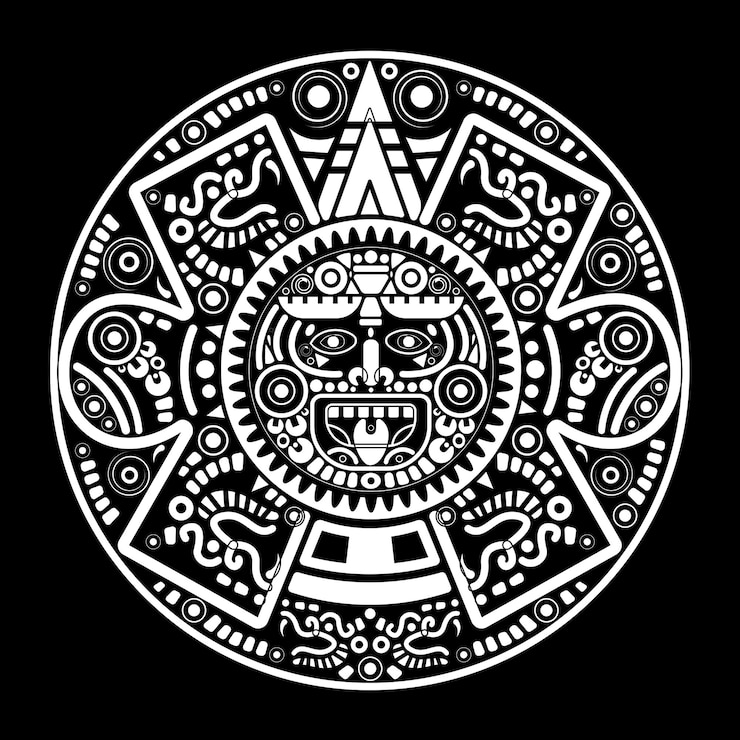 Vector sacred aztec wheel calendar mayan sun god, maya symbols ethnic mask, white tattoo round frame