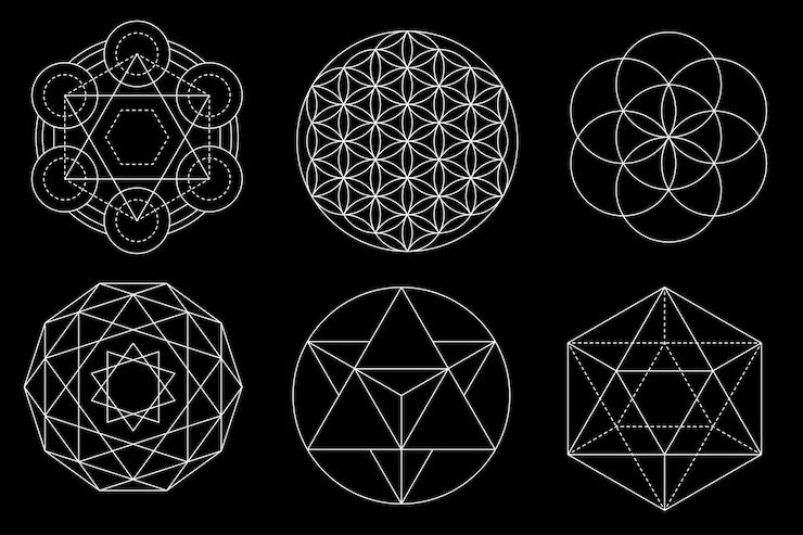Vector sacred geometry vector design elements isolated on black background vector set