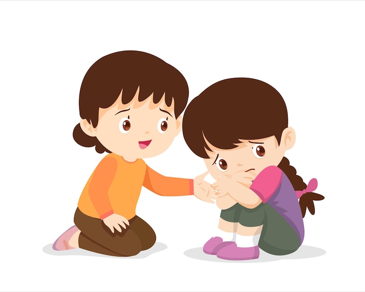 Vector sad children.girl comforting her sadly friend.children consoling sadly isolate background