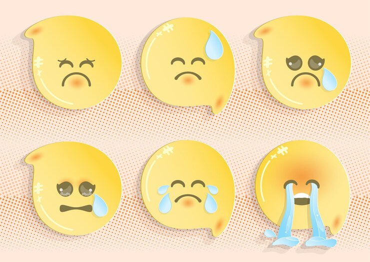 Sad emojis vector set Emoji yellow face with happy facial expression for social media character design collection Vector illustration