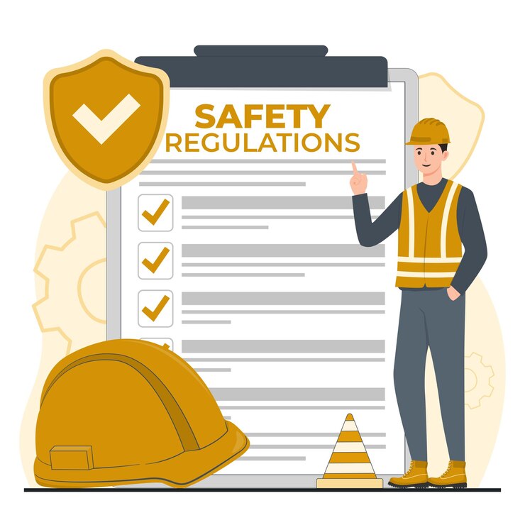 Safety regulations Construction worker with safety helmet and checklist Vector illustration