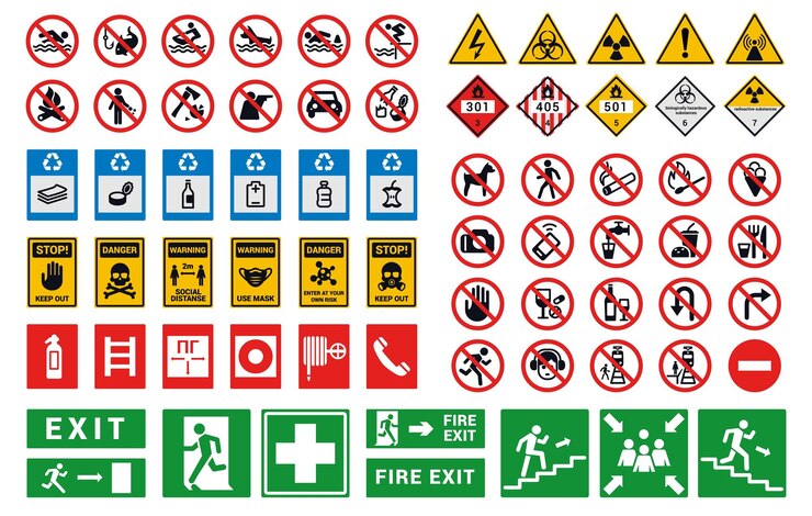 Vector safety sign factory and construction health or security caution symbols bright hazard attention and evacuation notices isolated entrance prohibited stickers mockup vector warning stop icons set