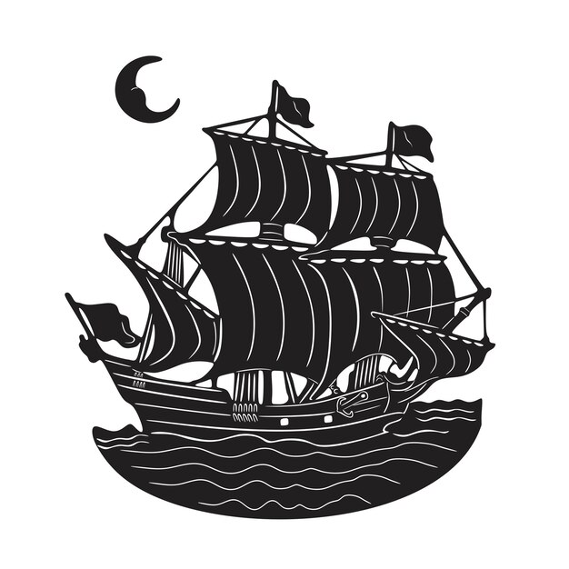 Sailboat with moon black drawing handmade silhouette logo model 11