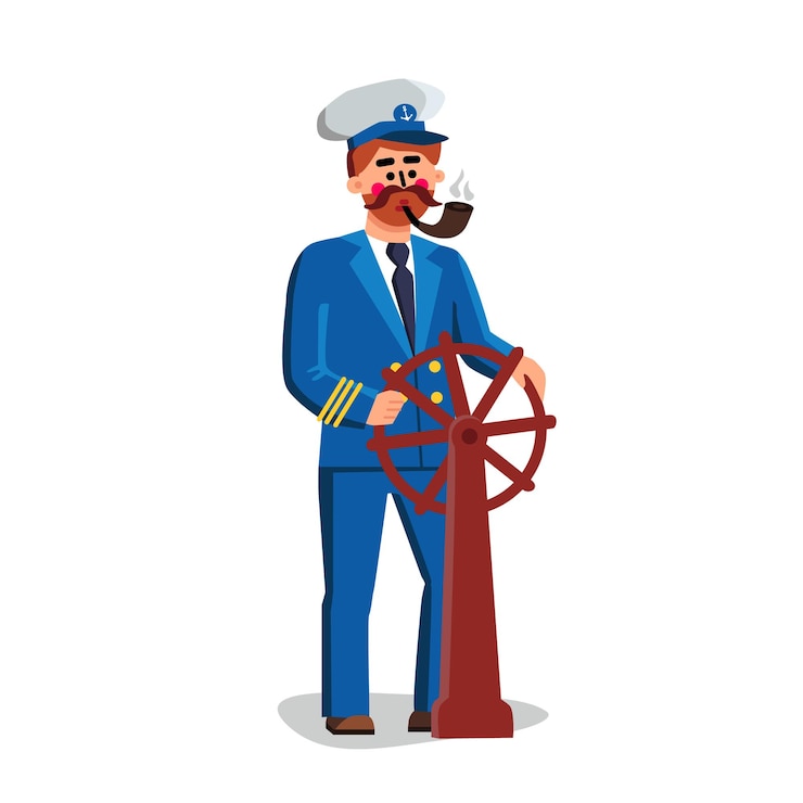 Vector sailor captain person holding ship wheel vector. captain man wearing uniform and hat smoking pipe and steering boat sea transport vessel. character seaman flat cartoon illustration