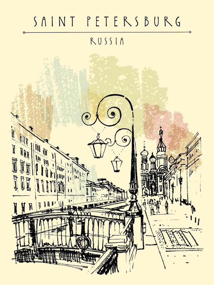 Vector saint petersburg, russia postcard. the church of the savior on spilled blood (cathedral of the resurrection). historical buildings travel sketch. hand drawn illustration